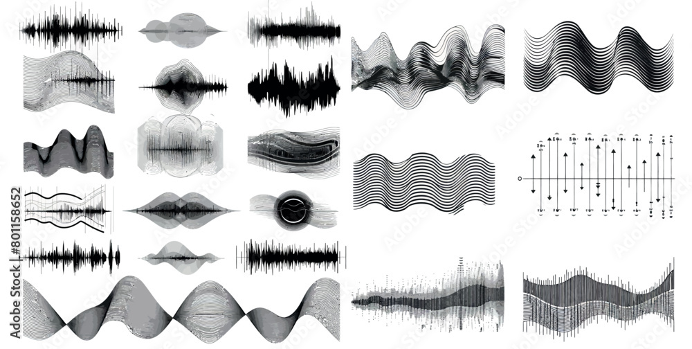 The black sound waves represent abstract music, radio signals, and digital voices. A modern set of equalizers makes up the monochrome volume audio. A rhythm made up of sound waves is isolated on a