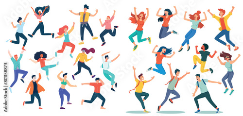 Students jumping together in a happy fashion, excited characters jumping together in a joyful way.