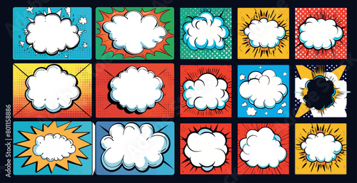 Animated comic book dialog bubbles. Blank comical speech clouds on a graphic art frame template illustration