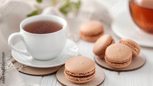 Drink coasters with cup of tea and macaroons on white