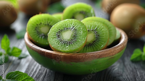  A wooden table holds a bowl filled with sliced kiwis Nearby, green leaves and nuts rest