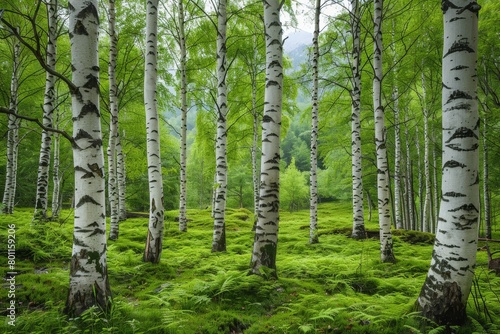 Birch Tree Forest: White bark contrasting with a green forest floor. 