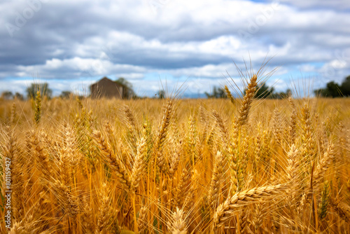Golden wheat fields with a farmers house background