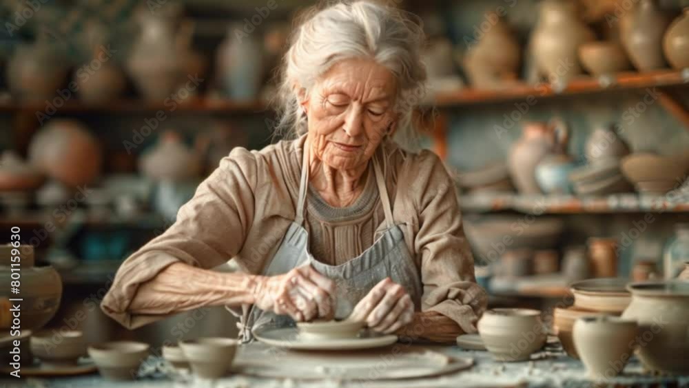 A female potter working on pottery wheel while sitting in her workshop. A female potter working on pottery wheel while sitting in her workshop.