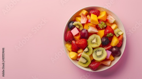Bowl of mixed fresh fruits on pink background. Healthy eating and nutrition concept. Design for food menu, poster, and advertisement. © sonchai paladsai