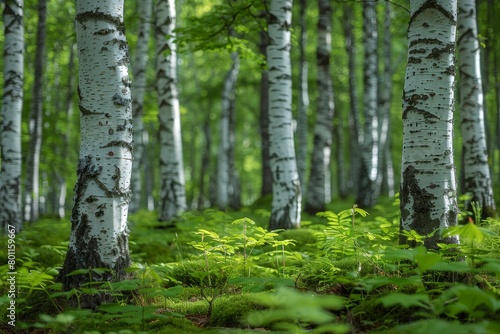 Birch Tree Forest  White bark contrasting with a green forest floor. 