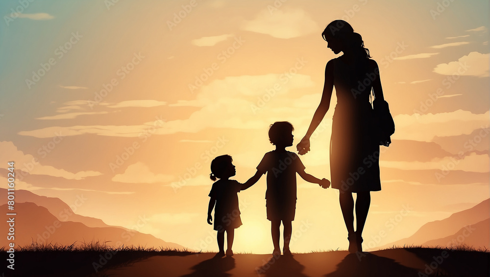 This is a silhouette of a mother and her daughter holding hands. The sun is setting in the background.

