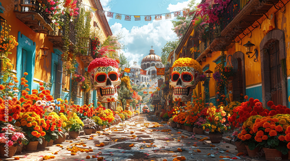 Fototapeta premium A vibrant street decorated with colorful flowers and large skull sculptures for a Day of the Dead celebration, with a church in the background.