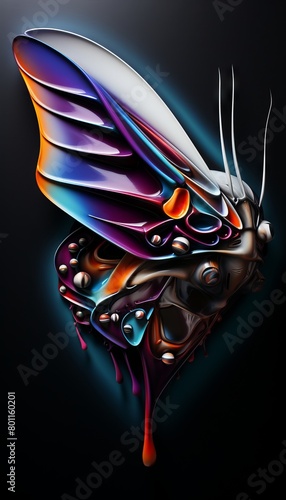 The image is a dark, close-up photograph of a butterfly with a glowing, iridescent exoskeleton photo