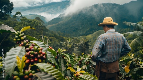 Coffee Farmer Examining Ripe Cherries in Lush Colombian Plantation with Misty Mountain Backdrop photo