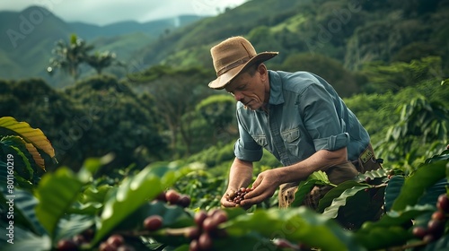 Coffee Farmer Inspecting Ripe Cherries in Lush Colombian Plantation with Verdant Mountain Backdrop