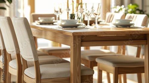 A close-up of the dining table and chairs. The table is made of wood  and the chairs are upholstered in a neutral fabric. The table is set for a meal  and the chairs are arranged around it.