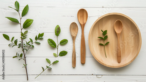 Eco tableware with plant branch on white wooden background