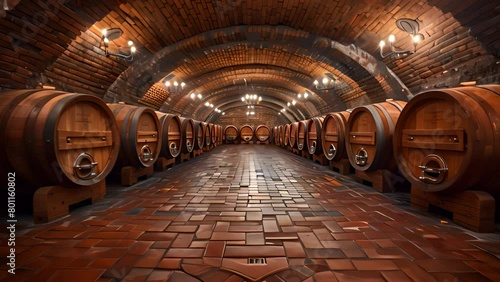 Dimly lit cellar showcases wine barrels, each a vessel of time and taste, awaiting connoisseurs photo