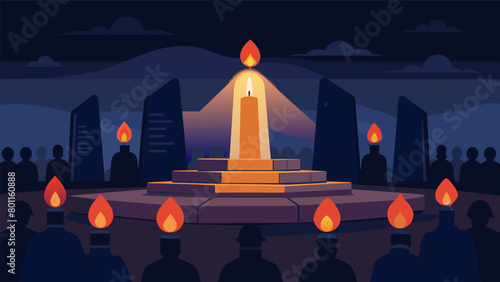On the eve of Independence Day a candlelit vigil is held in front of a war memorial. The names of fallen soldiers are read aloud each one accompanied. Vector illustration