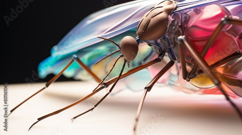 The image shows a close-up of a mosquito with a needle-like proboscis