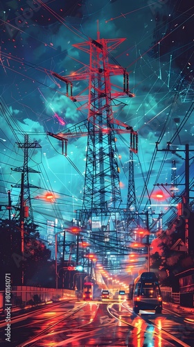 Futuristic Telecommunications Infrastructure in Vibrant Cityscape