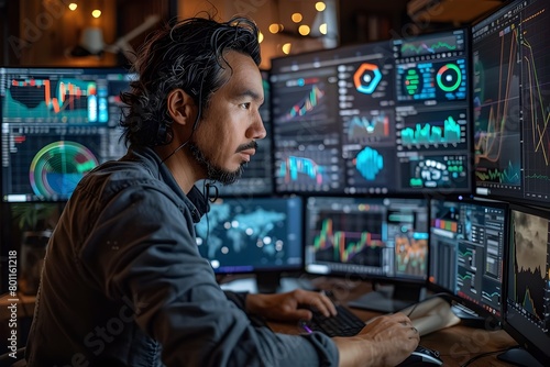 Cryptocurrency Trading and Analysis A Tech Savvy Investor Examines Blockchain Data Visualizations Across Multiple Monitors to Gain Market Insights