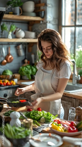Sporty young woman is preparing healthy food in kitchen  Generative AI
