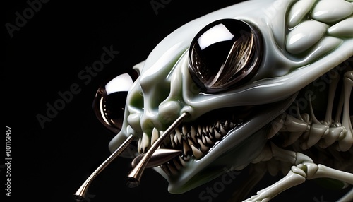 The image shows a close-up of a robotic insect with a skull-like head and glowing eyes. It is made of metal and has a steampunk aesthetic.