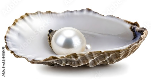 A single white pearl nestled inside an open oyster shell on a white background
