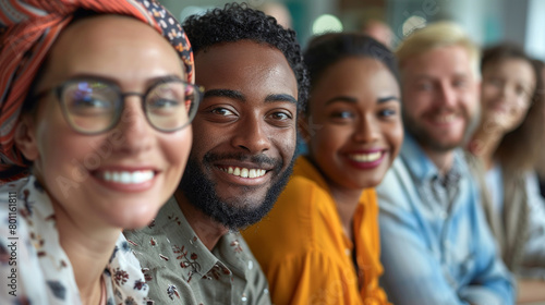 Office colleagues of diverse backgrounds smile  fostering inclusivity at a team-building workshop. Embracing workplace diversity promotes unity and fosters a culture of belonging.