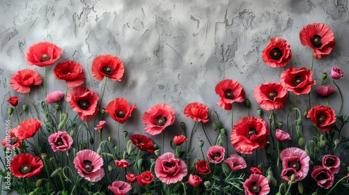  A group of red and pink blooms before a gray wall, revealing peeling paint edges