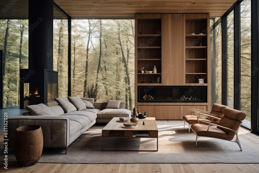 A luxurious living room filled with furniture and featuring numerous windows, allowing for ample natural light to illuminate the space. Generative AI