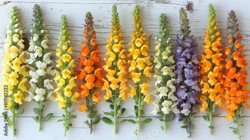  A white wooden table holds a row of colorful flowers against a planked wall