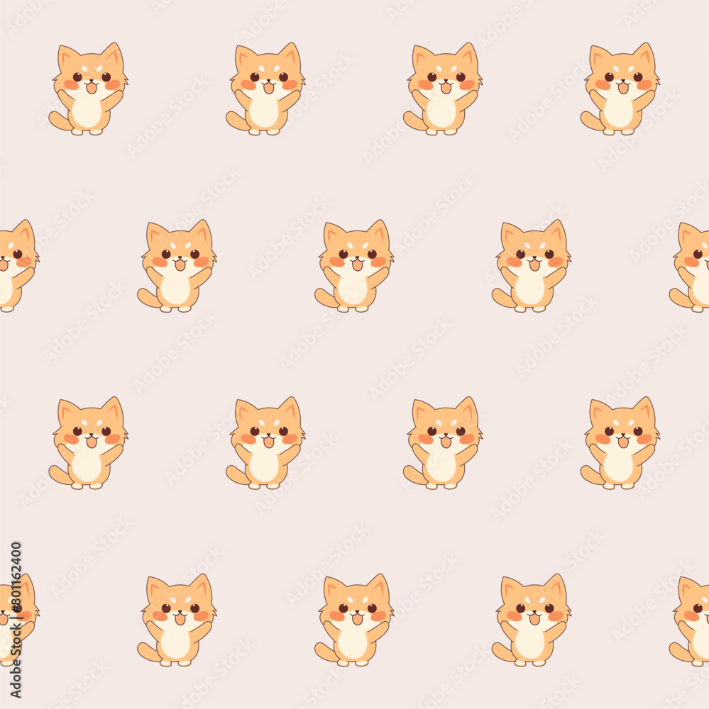 Obraz premium Cute Kawaii Cat Character Seamless Pattern. Childish Funny Textile Fabric Print Swatch. Cartoon Positive Cat Animal Happy Birthday Gift Wrapping Paper Design. 