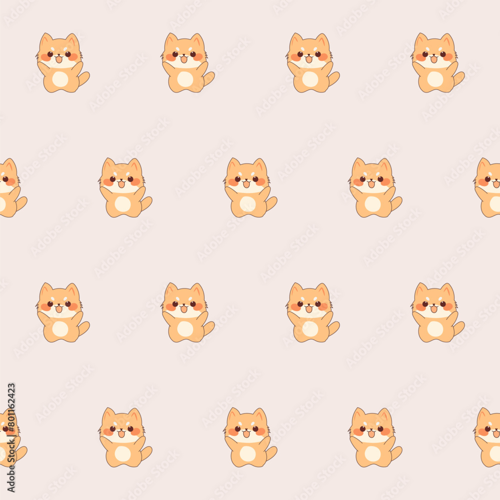 Fototapeta premium Cute Kawaii Cat Character Seamless Pattern. Childish Funny Textile Fabric Print Swatch. Cartoon Positive Cat Animal Happy Birthday Gift Wrapping Paper Design. 