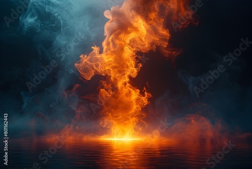Dramatic 3D rendered abstract fiery orange smoke eruption in dark void for dramatic product presentations and displays