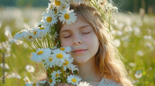 A young girl is standing in a field of daisies. She has a wreath of daisies in her hair and is holding a bouquet of daisies. 
