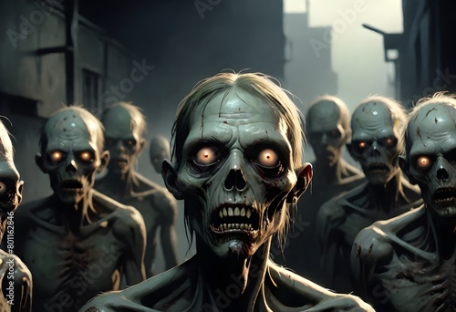 A group of zombie-like creatures with pale, decaying skin and sunken eyes in a dark, gloomy environment