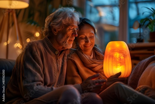Elderly Couple Engaged with Smart Home Device in Cozy Living Space © kiatipol