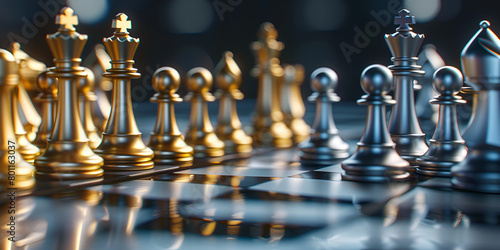 Close-up of gold and silver team chess board game. 