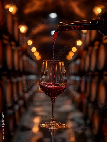 Elegant Pouring of a Rich Red Wine in a Dimly Lit Cellar with Aged Wooden Barrels