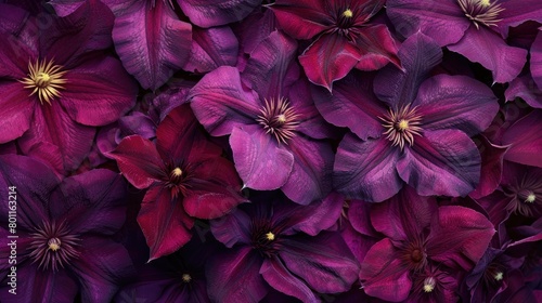 Purple clematis flowers background. Top view. Flat lay. photo