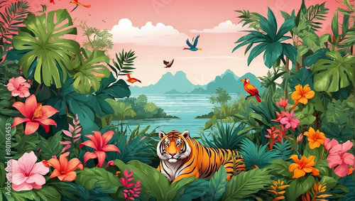 tiger and butterfly in jungle Background