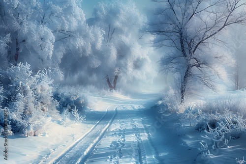 Enchanting Winter Wonderland Serene Icy Landscape with Snowy Trees and Tranquil Path