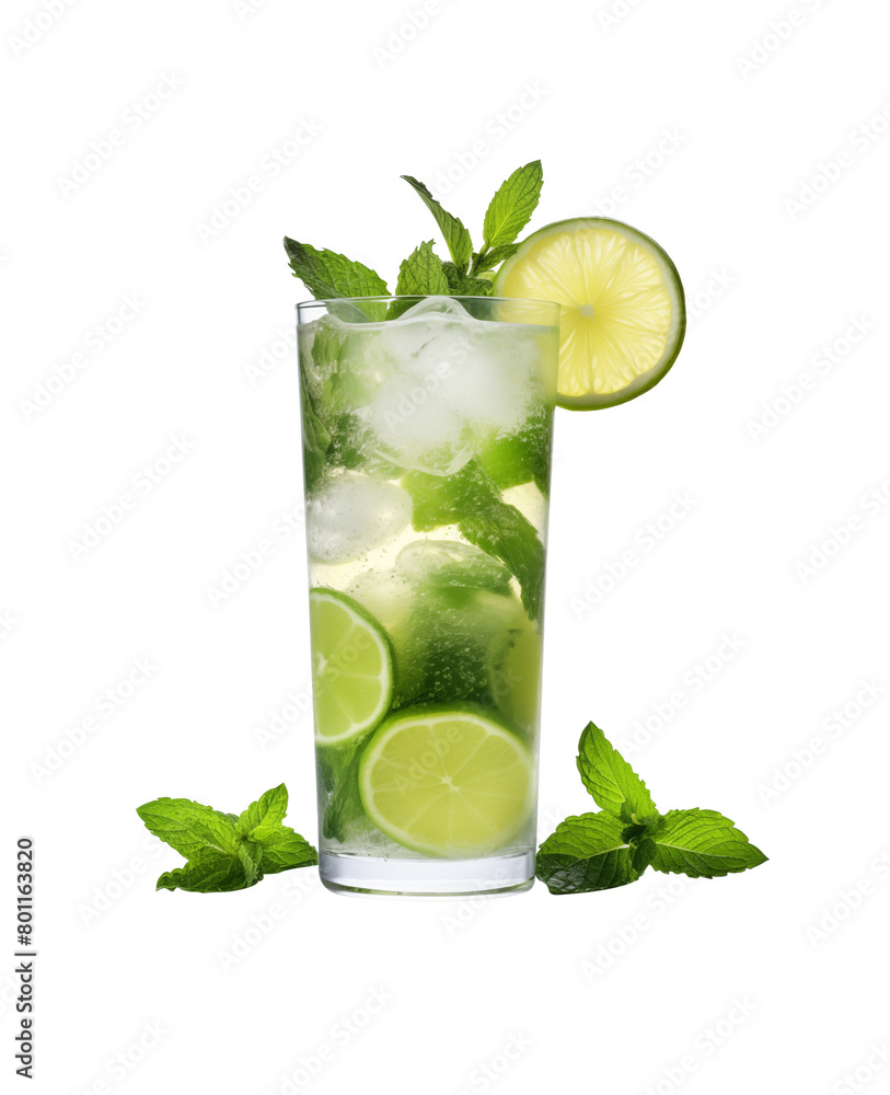 Refreshing mojito cocktail with lime, mint, and ice cubes in a tall glass, isolated on a white background. Generative AI Refreshing mojito cocktail with lime, mint, and ice cubes in a tall glass, isolated on a white background. Generative AI