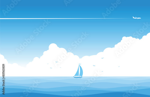 Blue sky with clouds, plane and sailing yacht silhouette over blue sea  on horizon. Copy space for you text. Vector template background for advertising flyer or web header