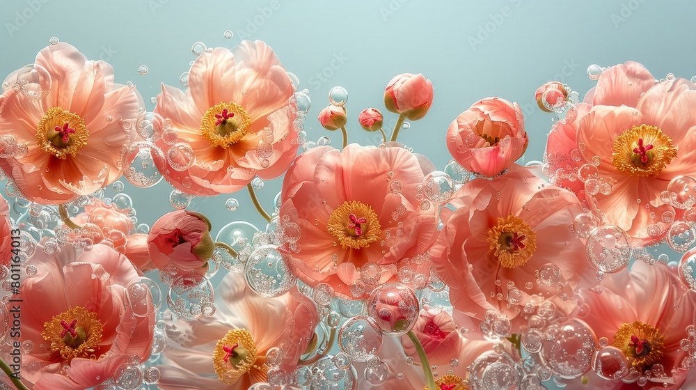   A cluster of pink blooms bobbing in a water pool, surrounded by bubbles rising from the pool's depths