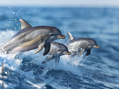 Witnessing Playful Dolphins Frolicking in the Waves - Joy - Marine Mammal Photography with Acrobatic Leaps - Dolphins Breaching Against Ocean Horizon