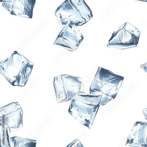 Scattered ice cubes in the shape of a trapezoid. Watercolor illustration of seamless pattern. Frozen water ornament. Ingredient for cold drinks. Packaging, textiles, menu, cocktail card.