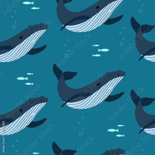 Humpback whale background. Inhabitants of the sea world. Cute underwater flat seamless pattern. Funny underwater creatures. Vector illustration.