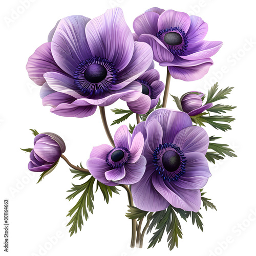 Clipart illustration a anemone flower and leaves on white background. Suitable for crafting and digital design projects.[A-0004]