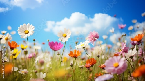 Garden wild field of beautiful blooming spring or summer flowers in a meadow  with sunlight and blue sky