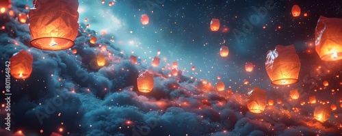 Floating Lanterns Ascend into a Starry Night Sky An Animated of Luminous Wishes photo