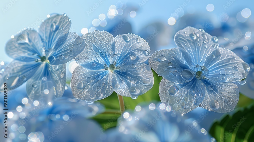 A tight shot of numerous blue blossoms, each adorned with water droplets, against a backdrop of a clear blue sky A tight shot of numerous blue blossoms, each adorned with water droplets, against a backdrop of a clear blue sky